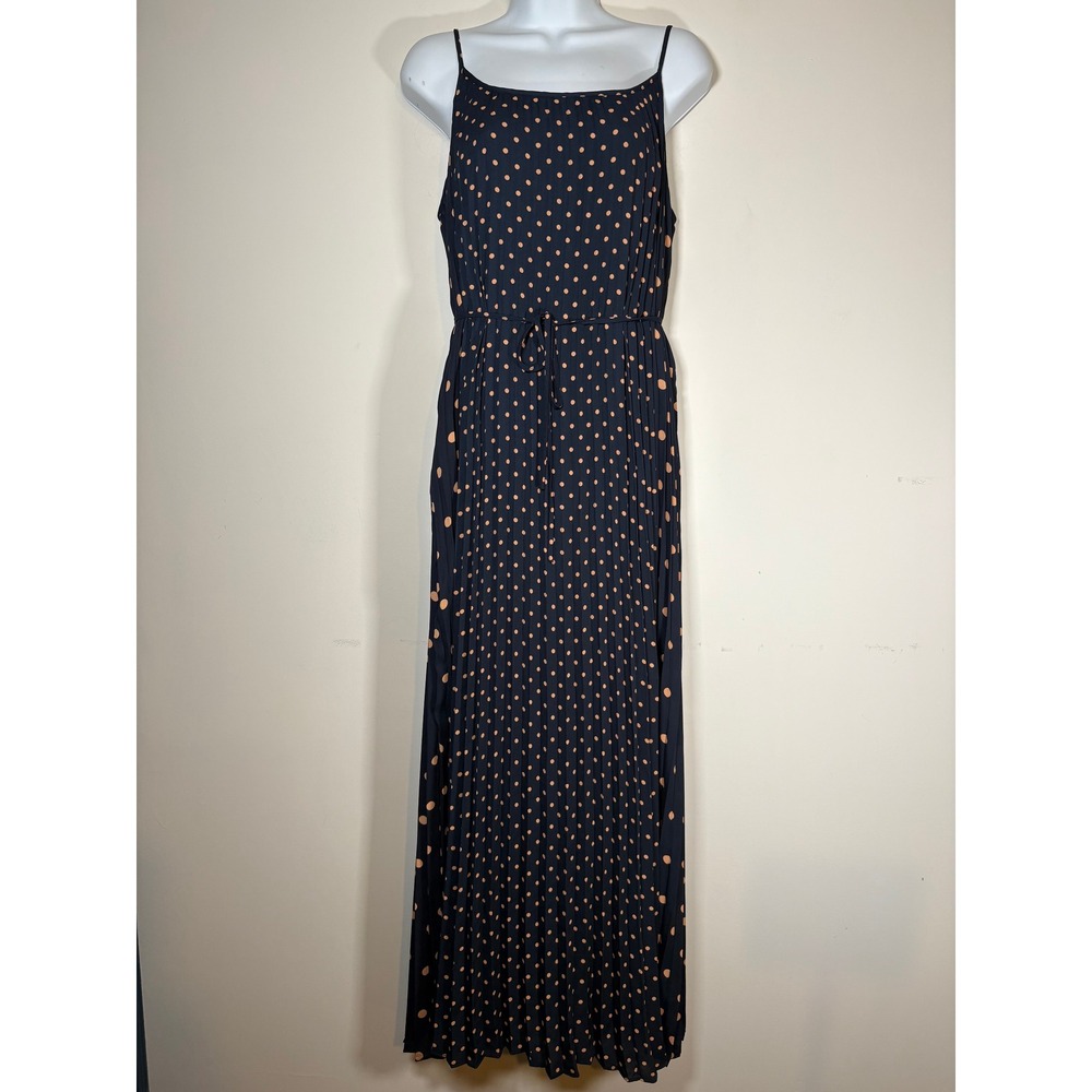 Banana Republic Maxi Dress Navy Blue Polka Dot Pleated Sleeveless Fall Wedding 4